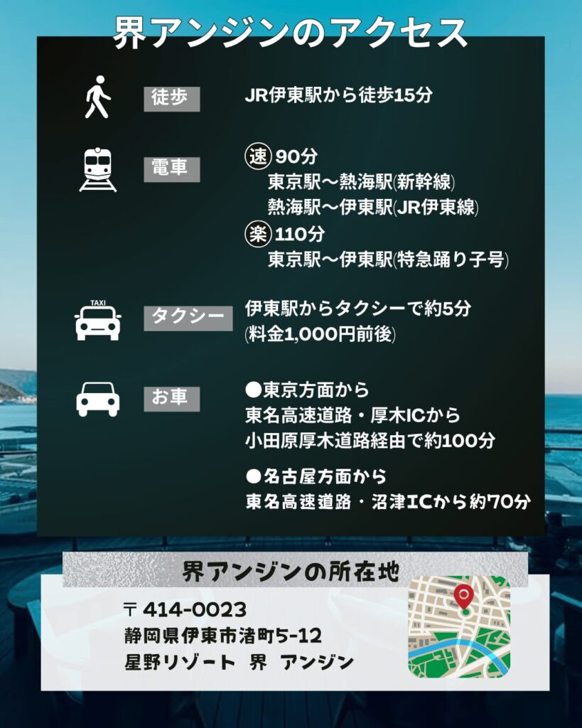 星野リゾート 界 アンジンのアクセス案内。JR伊東駅から徒歩15分、電車や車、タクシーでの所要時間やルートが記載された比較表